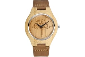 MICGIGI Orologio da polso in legno al quarzo da donna modello albero, orologio da polso in legno di bambù con cinturino in pelle