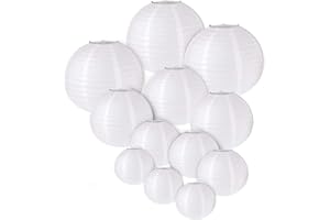 ilauke 12pcs Lampion Papier Blanc Lanterne Blanche à Papier Rond Lampe pour Anniversaire Décorations de Mariage Décorations Artisanales (6" 8" 10" 12")
