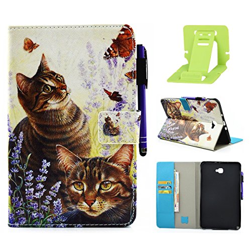 Galaxy Tab A 10.1 2016 T580N T585N Hülle,Galaxy Tab A 10.1 Lederhülle Hardcase,Ekakashop Ultradünn Bunt Katze und Schmetterling Muster Painting Smart Ständer Cover im Bookstyle Kunstleder Schutzfolie Schutzhüllen Flip Case Tasche Etui mit Magnetverschluss Wallet Kreditkarte Card Holder Slot für Samsung Galaxy Tab A 10.1 Zoll (2016 Version SM-T580N SM-T585N) + 1x Kostenlos Ständer (Farbe zufällig)