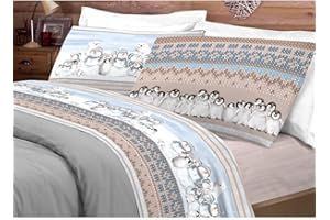 PELLECCHIA 1969 Set Lenzuola Calda Flanella, Made in Italy Fantasia Pinguini e Pupazzi di neve (Beige, Matrimoniale)