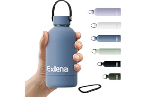 Exllena 350ml Small Water Bottle 350m for Handbag, Small Drinks Bottle with Handle Lid and Carabiner, Double Wall Vacuum Keeps Drinks Cold 24 Hrs/Hot 12 Hrs BPA Free (WhaleBlue)