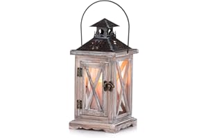 Sziqiqi Lanterna Portacandele Lanterne a Candela Decorative in Metallo in Legno Invecchiato Vintage per Centrotavola per Natrimonio Rustico Lanterna Pensile Fattoria da Interno e Esterno Decor 28cm