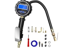 Gvolatee manometre pression pneu, pistolet gonfleur pneus voiture, manomètre, compresseur accessories, avec Tuyau et poignée gonflage, 4 Unités de Mesure, aux Camions, Voitures, Vélos, Motos