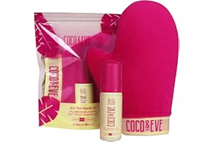 Coco & Eve Sunny Honey - Kit bronceador de tamaño mini - Espuma autobronceadora de Bali (oscura, 50 ml), guante aplicador de terciopelo y bolsa de viaje - Anticelulitis y antienvejecimiento