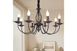 HEYUN Europäischen Land Industrie Vintage Pendelleuchte,Höhenverstellbarer Kerzenleuchter,aus Eisen Einfach Schwarz Metall Kronleuchter für Küche Esszimmer Wohnzimmer,8heads