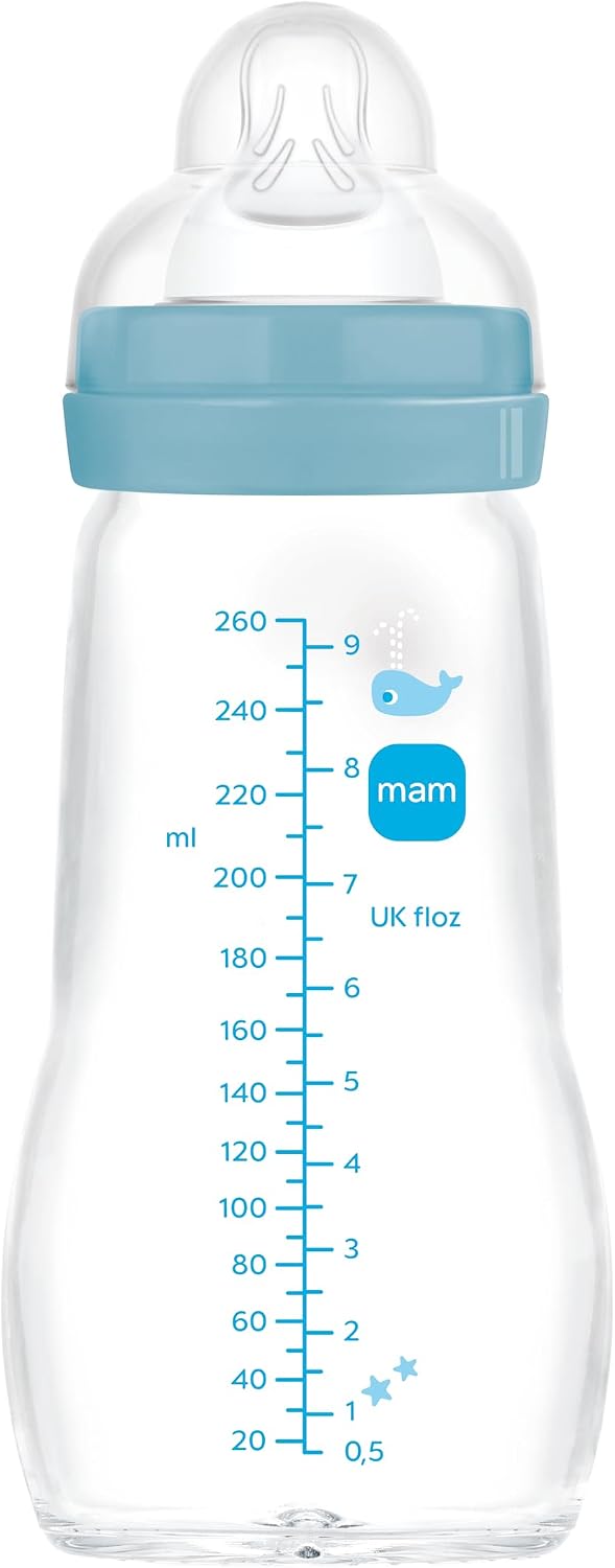 MAM MAM Feel Good Biberon en verre, 2-4 mois, 260 ml, avec tétine 2 à débit moyen en silicone, facile à nettoyer, bleu, lot de 1