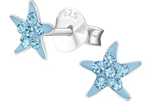 Laimons Pendientes infantiles para niñas y niños, estrella de mar con purpurina, azul claro, azul, 6 mm, plata de ley 925, Plata de ley, Glass