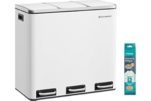 SONGMICS Cubo de Basura para Cocina, 3 x 18 L, 3 Compartimentos para Reciclaje, 15 Bolsas, Restos de Comida, Tapas de Cierre suave, Pedales, Cubetas, Acero, Blanco Nube LTB54WT
