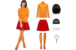 NUWIND Deluxe kostium na Halloween dla kobiet, brązowa peruka Bob, pomarańczowa górna część, czerwona spódnica, lupa, skarpetki i okulary na karnawał, imprezę, kostium Cosplay