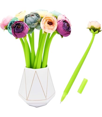 SIPLIV 12 stuks creatieve kunstbloemen gel inkt pen balpen vloeibaar zwart 0 ,5 mm gel inkt rollerball pen voor meisjes vrouwen, kantoor schoolbenodigdheden - pioen