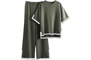 Famulily Women Tracksuits Crew Neck Color Blocked Knit Pullover Tops with High Waisted Wide Leg Pants Side Split Hem S-XL