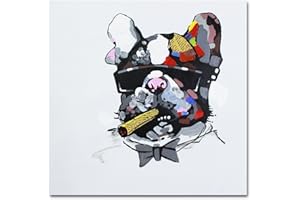 Fokenzary Hand peint Peinture Bulldog portant des lunettes de soleil sur toile Pop Art Wall Art Encadré prêt à accrocher 16x16in