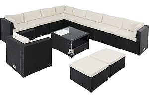 Casaria® Garden Furniture Set Polyrattan 11 People Weatherproof Table 5 mm Safety Glass Lounge Outdoor Patio Corner Sofa Seat Covers Black Cream