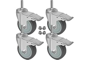 AAGUT 5 Inch Brake Stem Casters, 1/2"-13x1" Threaded Stem, Swivel Rubber Caster Wheels with Total Lock - Grey Polyurethane Wheel Set of 4 OeCasterTPR125_1225EN