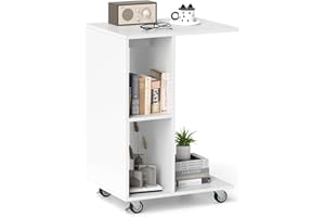 COSTWAY Stolik pomocniczy z kółkami, stolik kawowy w kształcie litery C, stolik nocny, stolik nocny, regał na czasopisma z półkami, do salonu i sypialni, 45 x 35 x 64,5 cm, biały