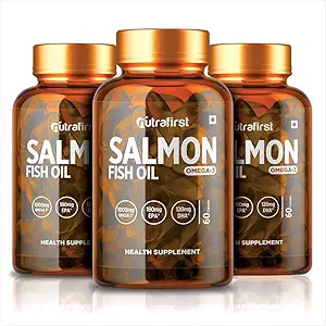 Nutrafirst Salmon Fish Oil Capsules with Omega-3 (1000mg), EPA (180mg) & DHA (120mg) for Healthy Heart, Brain, Eyes & Joints
