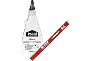 Ponal Classic Holzleim, hochfester Holz- und Bastelleim für alle Holzarten und Holzwerkstoffe, trocknet transparent, Spar-Set mit 550 g Holzleim und einem hochwertigen Zimmermanns-Bleistift