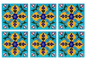 Shivkripa Blue Art Pottery Ceramic Handmade Tiles Handmade Kitchen Washroom 3x3 Inch Tile Tabletop Interior Exterior Flooring Wall Pack of 6 (Sky Blue & Multi)
