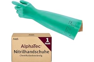 Ansell AlphaTec 37-185 Nitril-Arbeitshandschuhe, Industrie Chemikalien und Lebensmitteln, Chemikalien-Schutz Latexfrei, Chemie-Handschuh Säurefest, Damen Herren, Grün, Größe M (1 Paar)