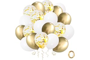 Ballon Or et Blanc 50 pièces, Ballons Hélium Or Blancs Ballons Latex Or Métallique Ballons Confettis Ballons avec Ruban Or pour Anniversaire Mariage Diplôme Baby Shower Fête Décoration