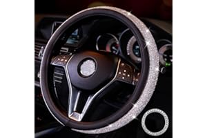 Pahajim Funda Volante Coche Bling Bling Rhinestones Cubre Volante Cuero de PU Antideslizante Universal 38 cm/15 Protector de Ruedas de Coche Automático para Mujeres Niñas(Negro-Blanco)