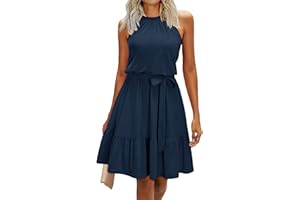 Newshows Sommerkleider Damen Knielang Elegant Kleid Blumenmuster Neckholder Rüschen Freizeitkleider mit Taschen