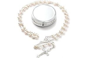 GLAMRAYS Rosariene Pearls Catholic - Confirmation Gifts for Teenage Girls, Silver Simple Style Metal Gift Box, White Imitation Pearl Rosary