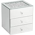 Biznest Silver Crushed Diamante Mirrored Glass Jewellery Box Eye Catching Design Storage Box 3 Drawers
