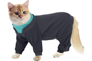 Hjumarayan Cat Onesie, Full Coverage Warm Fleece Jumper with Four-leg Sticky Hair Clothes, Soft Long Sleeve Cat Recovery Suit Stretchy Body Suit to Stop Licking, Grey L