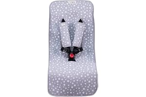 JYOKO KIDS Colchoneta Universal para Cochecito de Bebé y Silla de Paseo Infantil + Protector de Arnés Elaborados en Algodón + Espuma + Tejido 3D Transpirable (White Star)