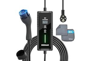 bokman Cavo Ricarica Auto Elettrica Tipo 2, 8 Metri | 6/8/10/13/16A | 3,68kW | IP67 Impermeabile, Caricabatterie EV con Spina Schuko per IEC 62196-2 con indicatori LED