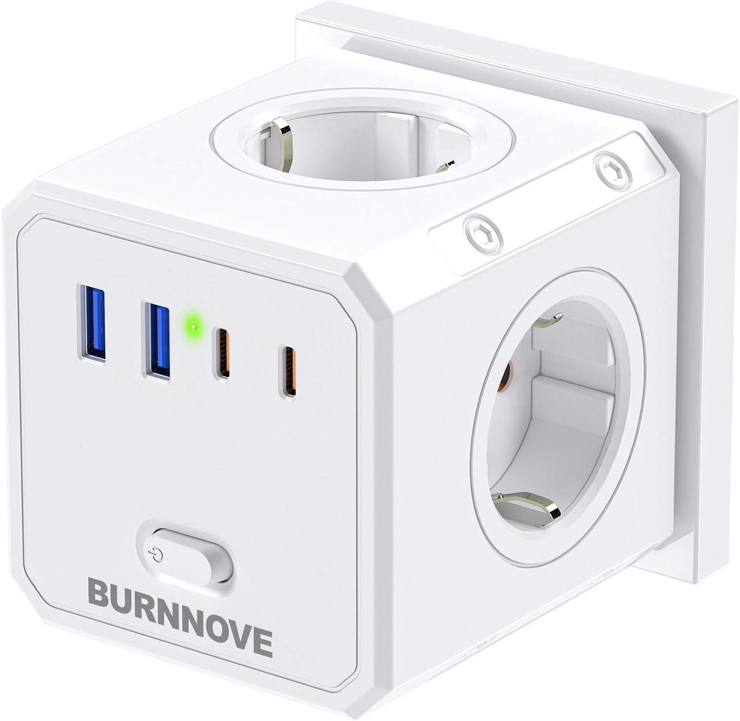 BURNNOVE Cubo Enchufe 8 en 1 Ladron Enchufes 4000W Cubo Enchufes Múltiples Pared con 4 Tomas de CA y 4 USB Cubo Enchufe Multiple Pared con Interruptor para Hogar Oficina Viajes