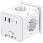 BURNNOVE Cube Plug 8 in 1, 4000W with USB and USB-C, Switch | 4 AC Outlets, 4 USB Ports, Compact Design for Desk, Office, Bed