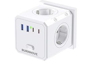 BURNNOVE Cubo Enchufe 8 en 1 Ladron Enchufes 4000W Cubo Enchufes Múltiples Pared con 4 Tomas de CA y 4 USB Cubo Enchufe Multiple Pared con Interruptor para Hogar Oficina Viajes
