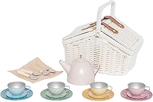 JABaDaBaDo Spielset Picknick-Korb mit Teeservice / Zinn, Teeservice mit 18 Teilen, lädt EIN zum kreativen Spiel, niedlicher weißgeflochtener Picknick-Korb, ab 3 J.
