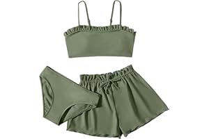 SOLU DAY8 Maillot De Bain 3 Pièces Ado Fille 8-16 Ans Ensemble Maillot De Bain Enfant Fille Débardeur Camisole + Tanga + Short Bikini Fille Chic Pas Cher Plage Océan Natation