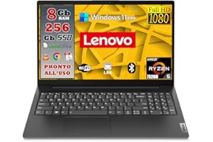 LENOVO Ryzen 5, Pc portatile notebook, Display FHD da 15,6", Cpu R5-7520U fino a 4,3 ghz, Ram 8Gb, Ssd m2 256Gb, windows 11 pro, Computer portatile PRONTO ALL'USO