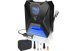 Rumicet Inflador Ruedas Coche, 12V Compresor Aire Coche con Luz LED, Tyre Pump Also Can be Used as Power Bank, Cordless Protable Tyre Inflator with 4 Nozzles, Auto-Off Tyre Pump for Car, Bike