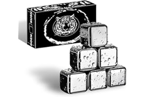 BOENKUSH Whisky Steine – 6 Wiederverwendbare Edelstahl Metall Eiswürfel Getränke kühl Whisky Steine für Rotwein, Bier, Scotch, Wodka-Getränke – Silbrig Geschenkset für Männer