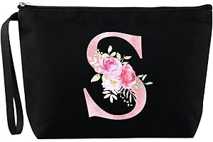 Blisswave Trousse de Toilette A-Z, Cadeaux Personnalisés pour Femmes, Fille, Maman et Amies, Noël, Anniversaires, Petite Trousse Maquillage Roses Élégante et Mignonne, Ornée de Vos Initiales (Noir)