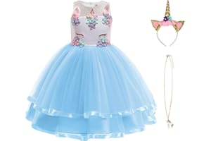 URAQT Disfraz Unicornio Niña, 3pcs Disfraz Princesa Niña con Vestidos Unicornio Niña, Diadema y Collar, Disfraz Niña para Diario o Cosplay, Disfraz Halloween Niña para Carnaval Fiesta Boda Cumpleaños