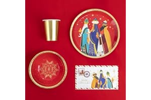 PARTYLOSOPHY Kit Vajilla de cartón Desechable con decoración y temática navideña con diseño de Reyes Magos para 6 Personas – Pack para 6 Personas. Decoración Mesa Navidad Reyes Magos.