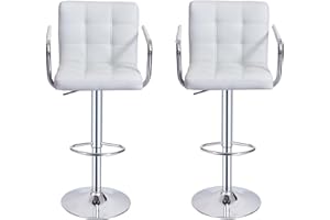 PANANA Cuban Bar Chairs with Armrest, Height Adjustable Synthetic Leather 360° Swivel Kitchen Stool with Backrest and Footrest for Breakfast Bar, Counter, Kitchen and Home (Set of 2 Stools, White)