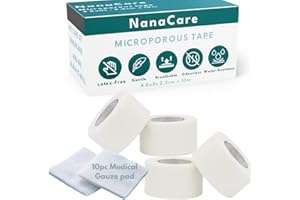 NanaCare Micropore Surgical Tape 2.5cm x 10m (4 Rolls) + 10pc Gauze Swab | Micropore Tape | Medical Tape for Skin, Dressings and Face|Microporous Tape | First Aid Tape Suitable for Sensitive Skin
