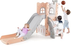 ‎COSTWAY COSTWAY Kinder Rutsche, 6-in-1 Kinderrutsche mit Basketballkorb & Teleskop, Kinderspielplatz mit Stauraum & rutschfesten Stufen, Indoor Outdoor Rutschenset für Jungen Mädchen ab 1 Jahr (Rosa)