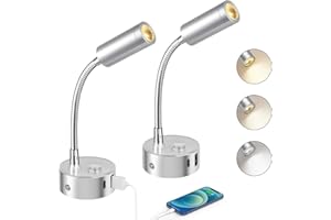 ‎ERWEY ERWEY 2 LED Reading Lamps, 12 V Motorhome, Touch Dimmable, 3000 K - 6000 K Adjustable Brightness, 360° Flexible Gooseneck Bed Lamp with USB A+C Connections for Boat, Caravan, Interior Lighting, Silver