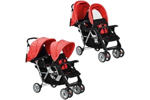 vidaXL Red and Black Steel Tandem Stroller - Dual-Seat, Sun-Protecting Canopies, Convenient Storage, Easily Manoeuvrable