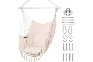 KLHAMKY Silla Colgante Tipo Hamaca con Cojines - Capacidad Máxima de 150kg con Dos Cojines, Kit de Herrajes para Colgar