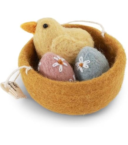 Gry & SIF - Coniglietto pasquale piccolo da appendere o da appoggiare, realizzato a mano con molti dettagli, commercio equo e solidale, decorazione pasquale in feltro, 1 coniglietto decorativo con