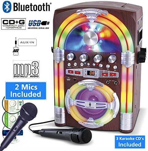Mini Jukebox Bluetooth Karaoke Machine, Top Loading CD Player - Music CDs &amp; CDG+ (Songs with Lyrics on TV) LED Lights - 2 M1C Input - Recording USB Port - Link: iPhone, Samsung Galaxy, Sony Xperia (Party Pack 2)